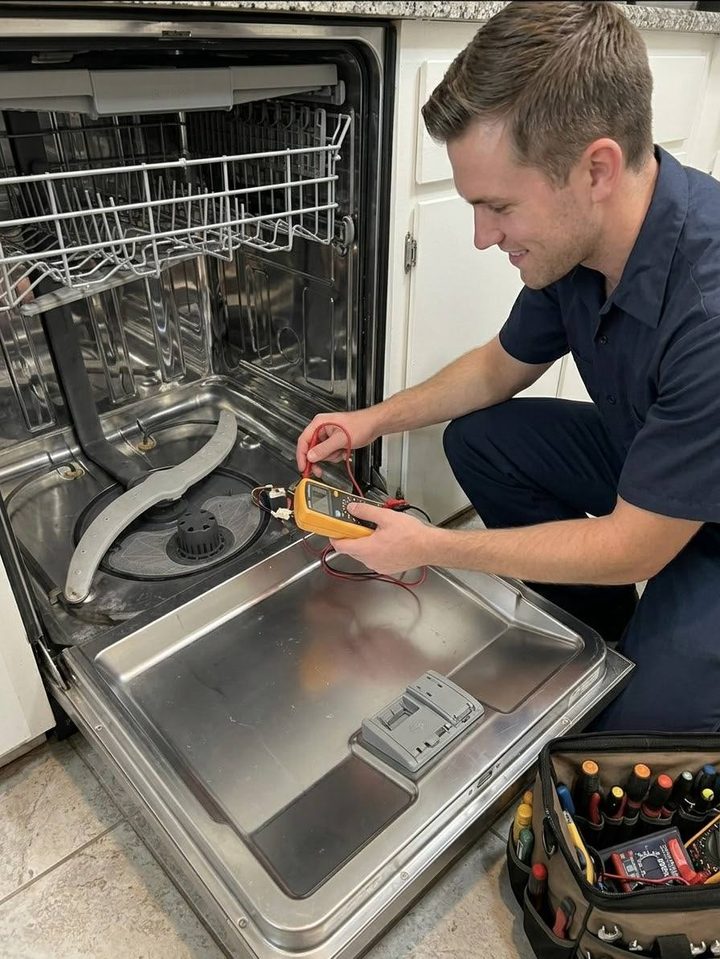Anchor technician metering a dishwasher with the panels open