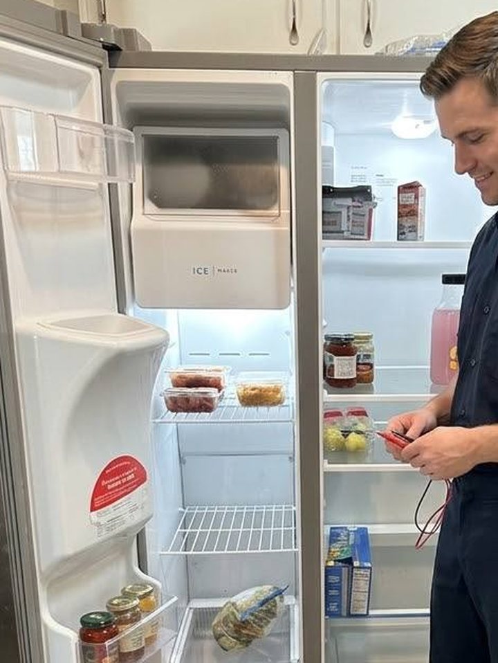 Ice maker compartment of a side-by-side refrigerator during service